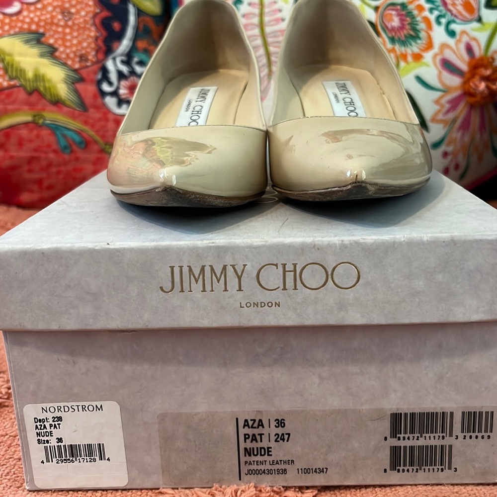 Jimmy Choo 'AZA' Beige Patent Leather Pump Pointy Toe Low Kitten .size 36
